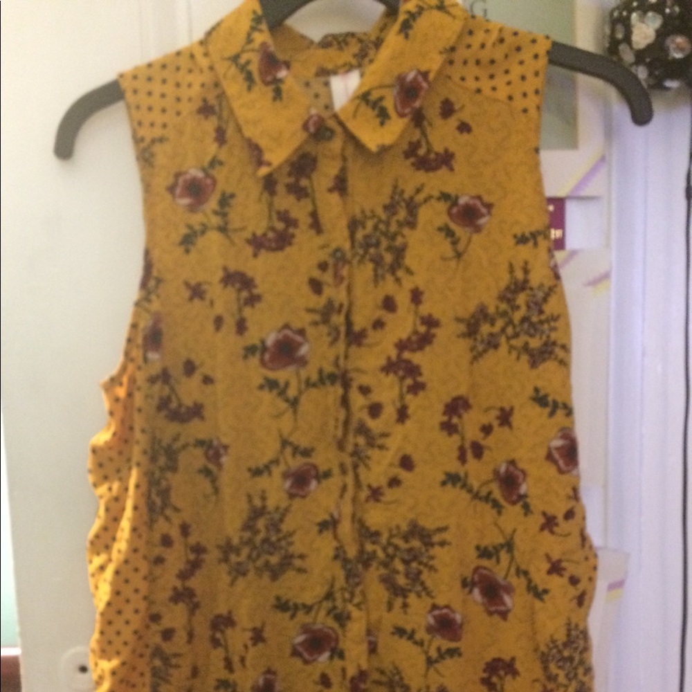 Yellow Sleeveless Floral Button Down Shirt
